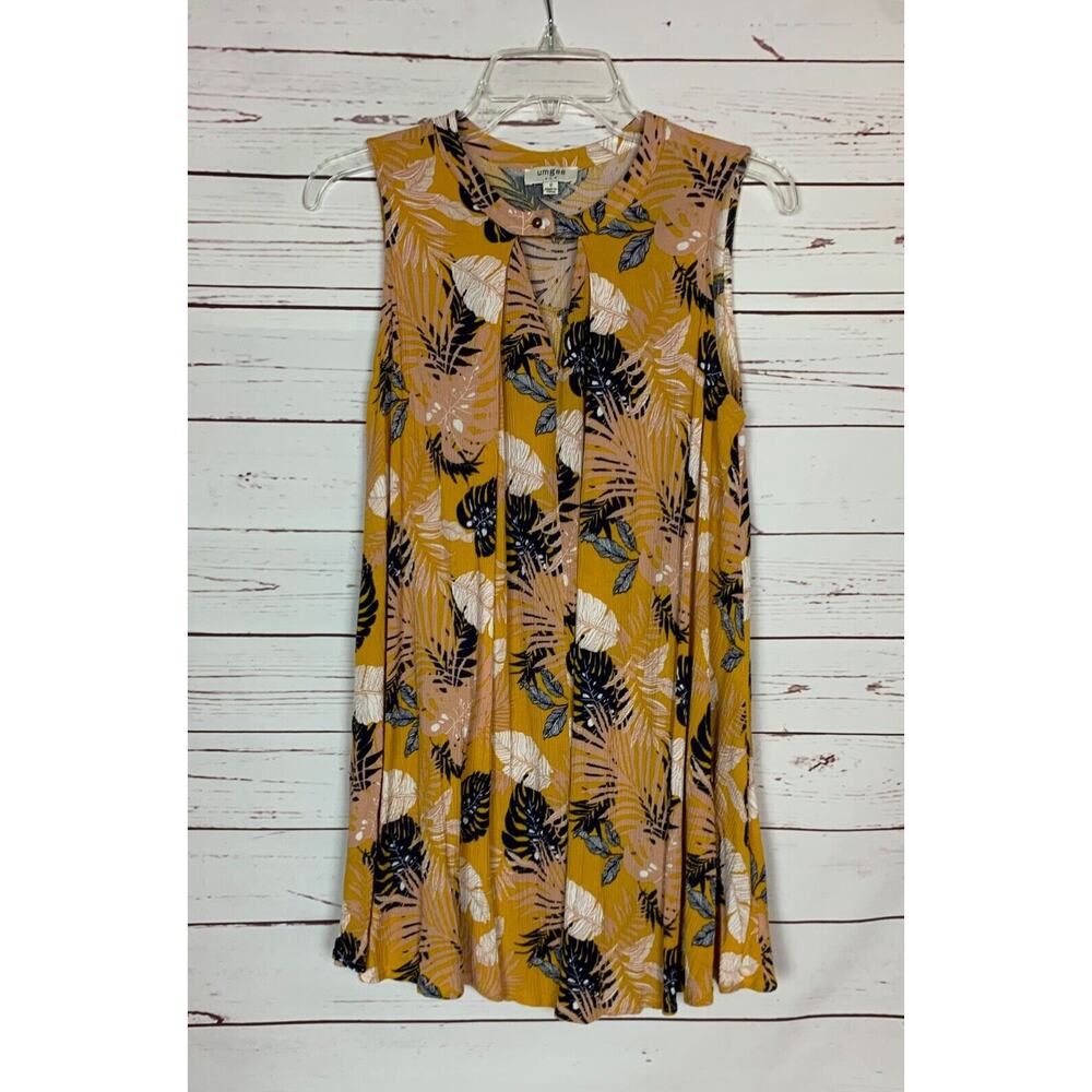 Umgee USA Boutique Women's S Small Mustard Leaf Print Sleeveless Tunic Dress